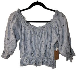 Surf Gypsy eyelet top boho embroidered peasant top puff sleeves lavender medium